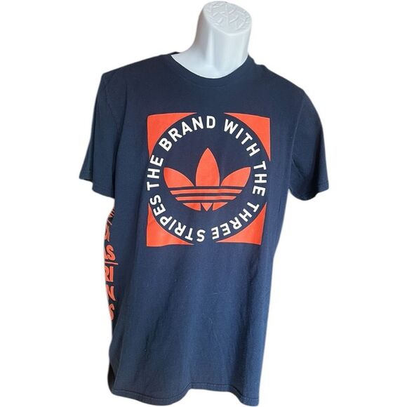 Mens Adidas Three Stripe Logo Navy Blue Cotton Graphic Tee Shirt - Sz L - Picture 1 of 1